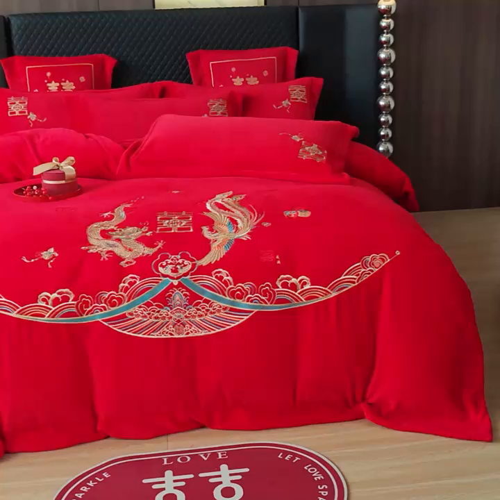 91家纺网 家纺一手货源 找家纺 羽梦家纺 2025新款全工艺消光牛奶绒绣花婚庆四件套（控价最低368元) 龙凤相约