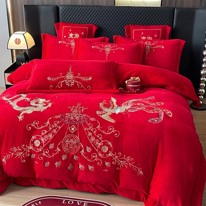 91家纺网 家纺一手货源 找家纺 羽梦家纺 2025新款全工艺消光牛奶绒绣花婚庆四件套（控价最低368元) 龙祥凤禧