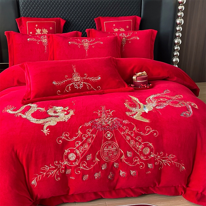 91家纺网 家纺一手货源 找家纺 羽梦家纺 2025新款全工艺消光牛奶绒绣花婚庆四件套（控价最低368元) 龙祥凤禧