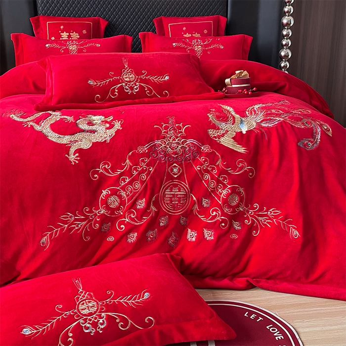 91家纺网 家纺一手货源 找家纺 羽梦家纺 2025新款全工艺消光牛奶绒绣花婚庆四件套（控价最低368元) 龙祥凤禧