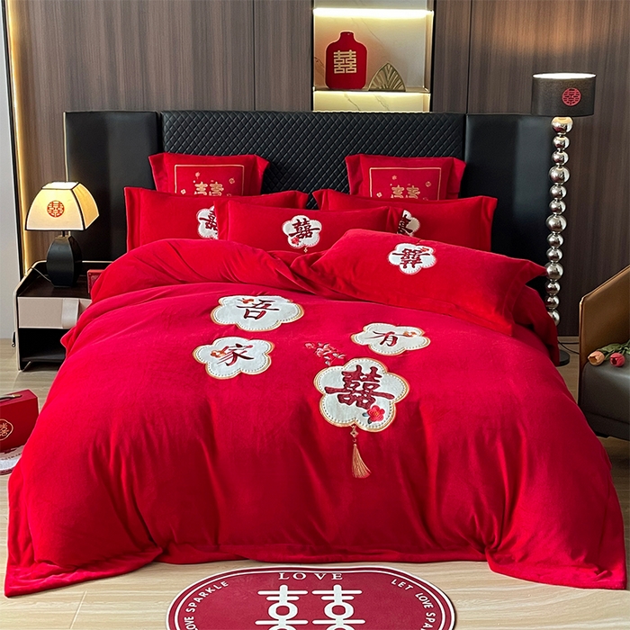 羽梦家纺 2025新款全工艺消光牛奶绒绣花婚庆四件套（控价最低368元) 吾家有喜
