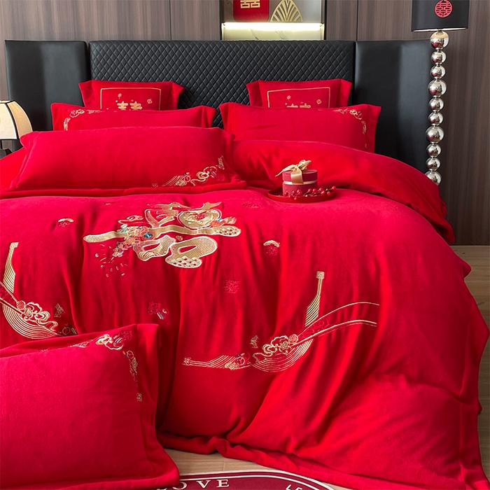 91家纺网 家纺一手货源 找家纺 羽梦家纺 2025新款全工艺消光牛奶绒绣花婚庆四件套（控价最低368元) 喜结连理