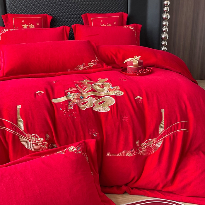 91家纺网 家纺一手货源 找家纺 羽梦家纺 2025新款全工艺消光牛奶绒绣花婚庆四件套（控价最低368元) 喜结连理