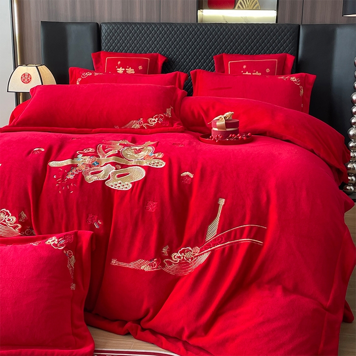 91家纺网 家纺一手货源 找家纺 羽梦家纺 2025新款全工艺消光牛奶绒绣花婚庆四件套（控价最低368元) 喜结连理