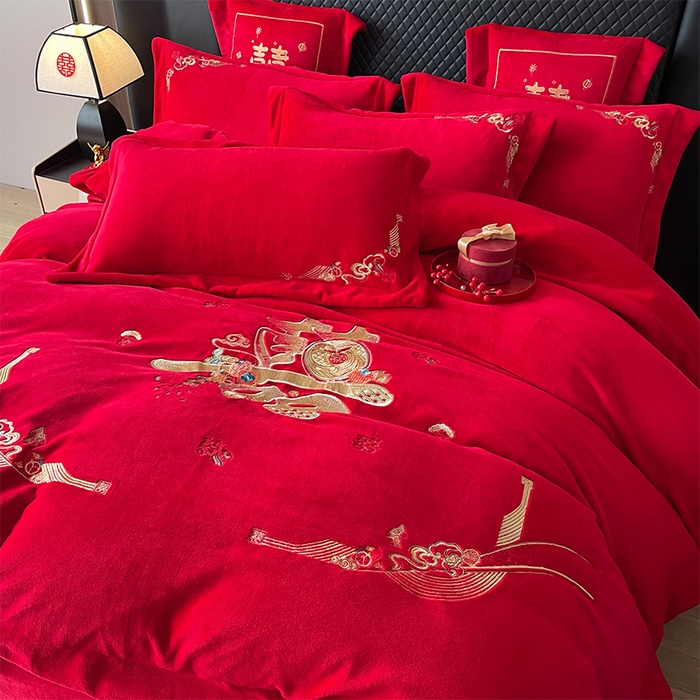 91家纺网 家纺一手货源 找家纺 羽梦家纺 2025新款全工艺消光牛奶绒绣花婚庆四件套（控价最低368元) 喜结连理