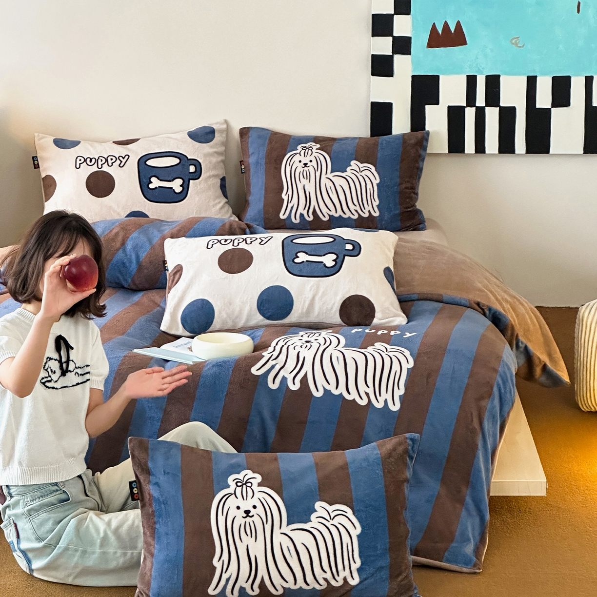 RYB红黄兰 2025新款设计师原创牛奶绒大版数码印花四件套 蓝条哈基米