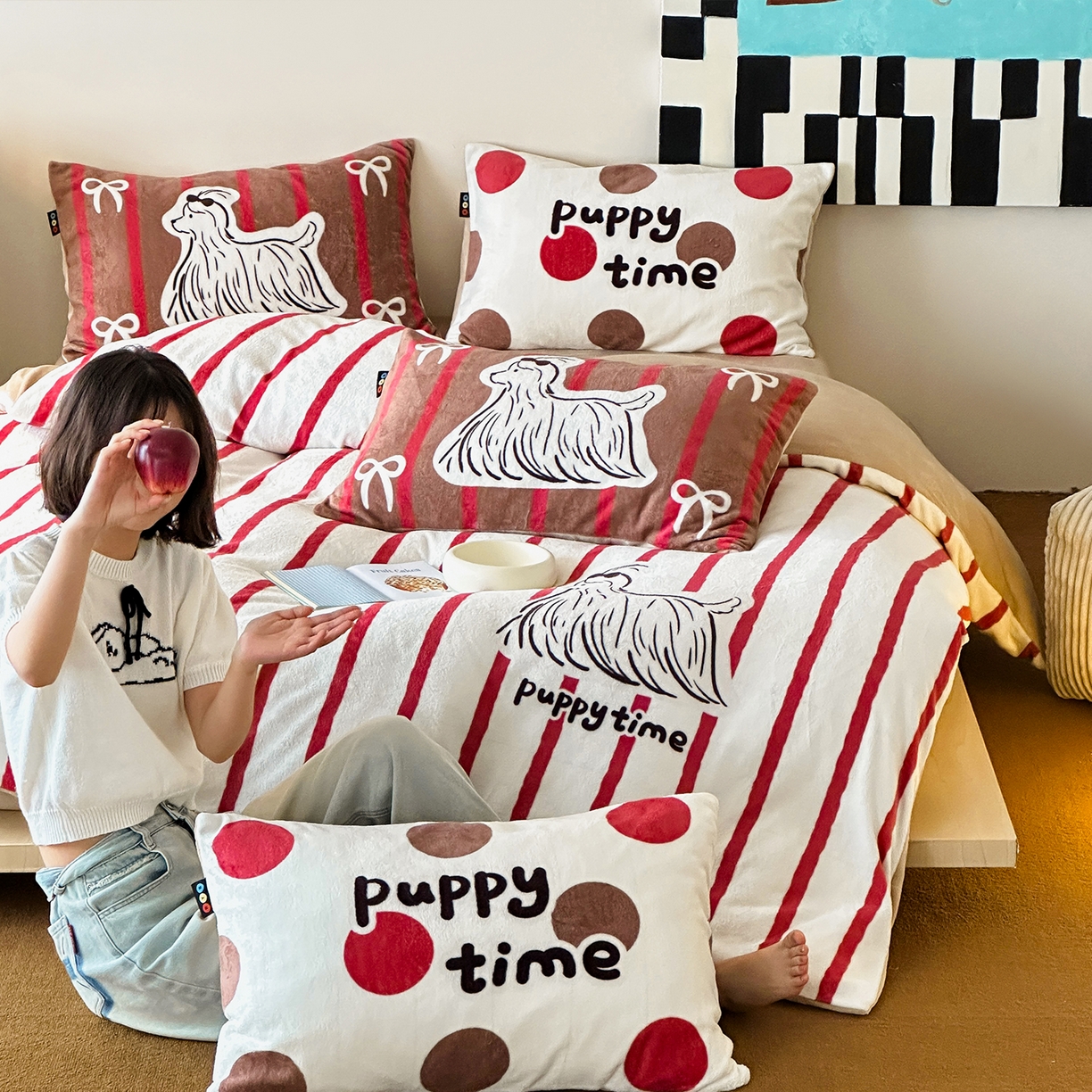 RYB红黄兰 2025新款设计师原创牛奶绒大版数码印花四件套 红咖哈基米