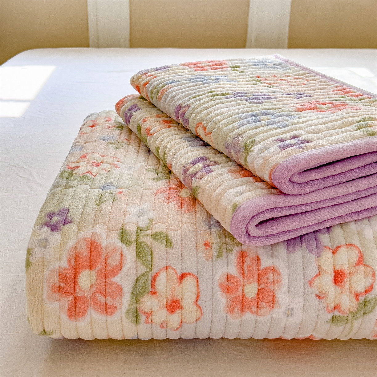 91家纺网 家纺一手货源 找家纺 布卢姆床垫 2025新款双面用抗菌牛奶绒床盖 床盖单件 花开半夏