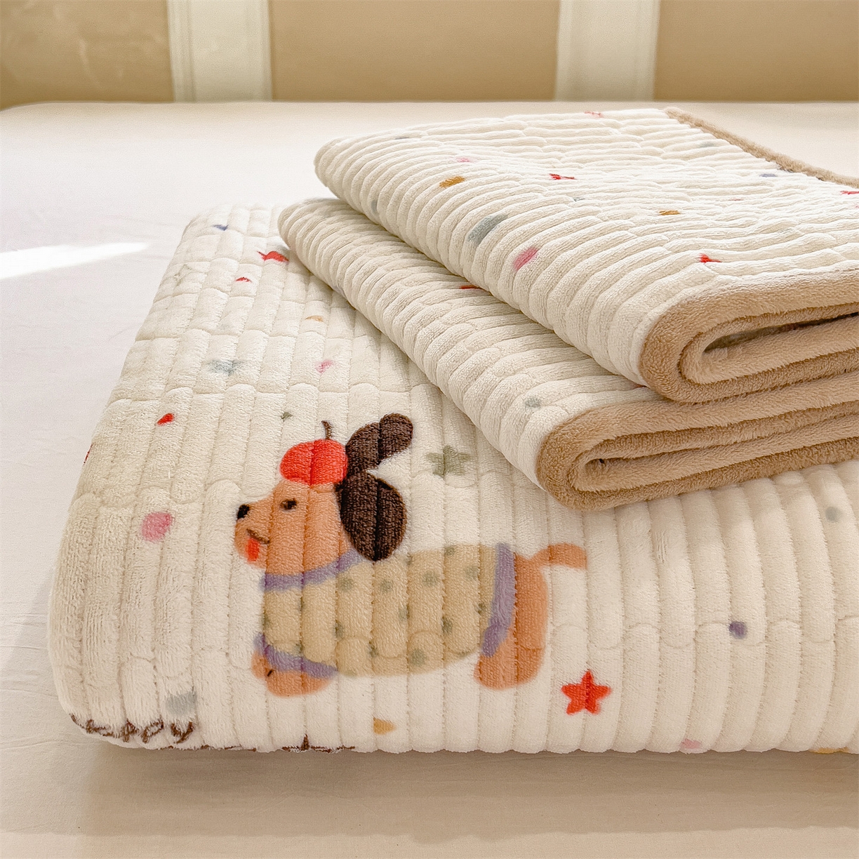 91家纺网 家纺一手货源 找家纺 布卢姆床垫 2025新款双面用抗菌牛奶绒床盖 床盖单件 腊肠狗