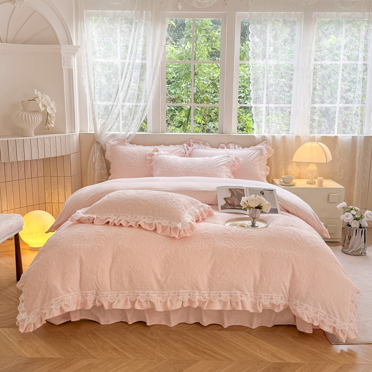 91家纺网 家纺一手货源 找家纺 久久红 2025新款高克重牛奶绒四件套系列 粉玉