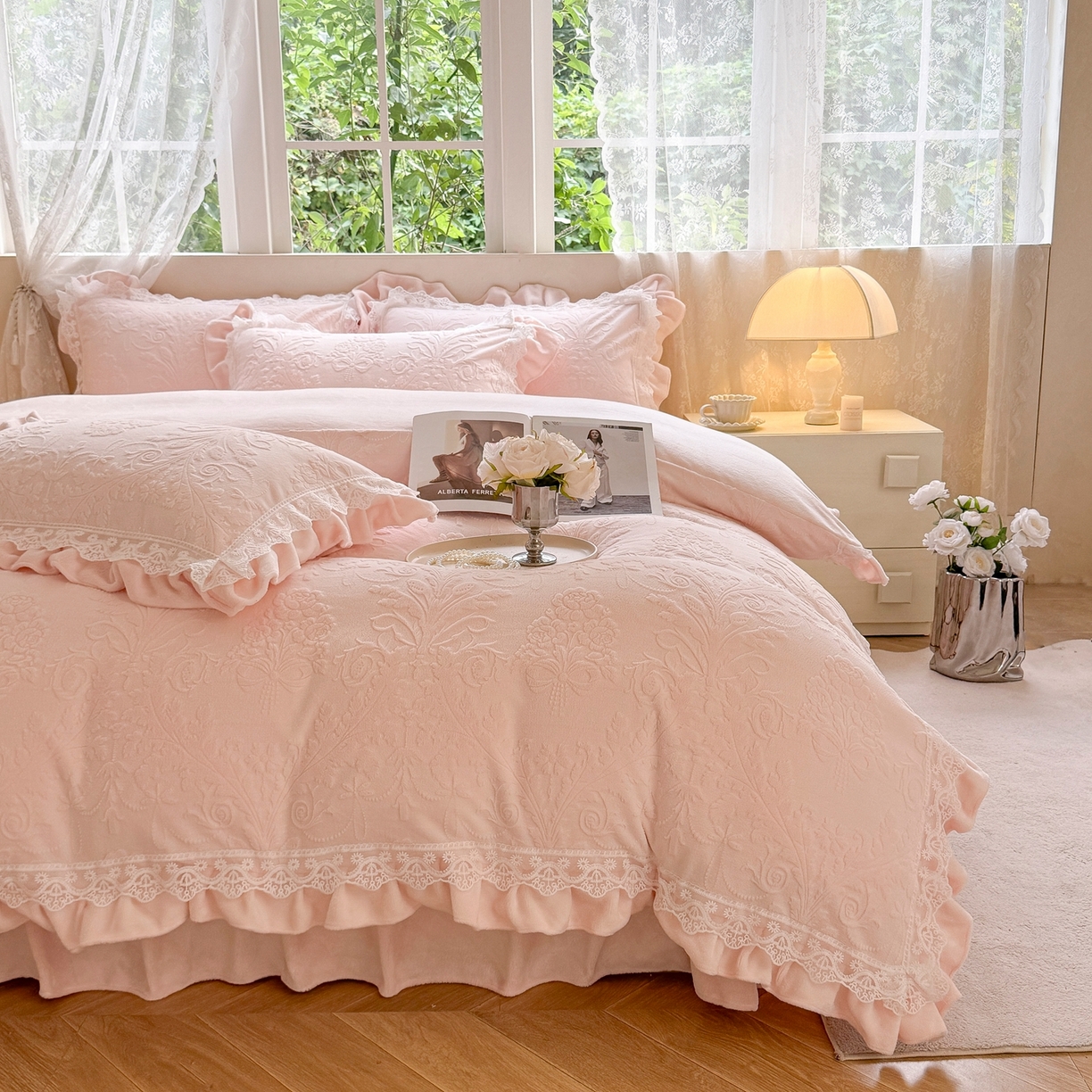 91家纺网 家纺一手货源 找家纺 久久红 2025新款高克重牛奶绒四件套系列 粉玉