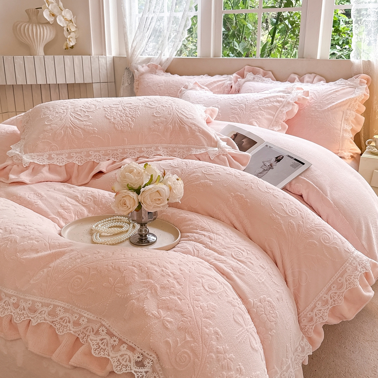 91家纺网 家纺一手货源 找家纺 久久红 2025新款高克重牛奶绒四件套系列 粉玉