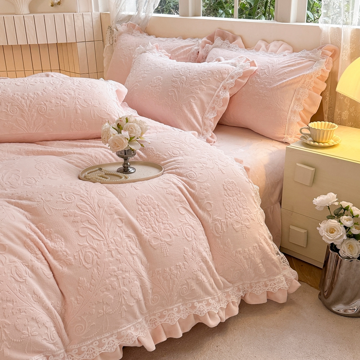 91家纺网 家纺一手货源 找家纺 久久红 2025新款高克重牛奶绒四件套系列 粉玉