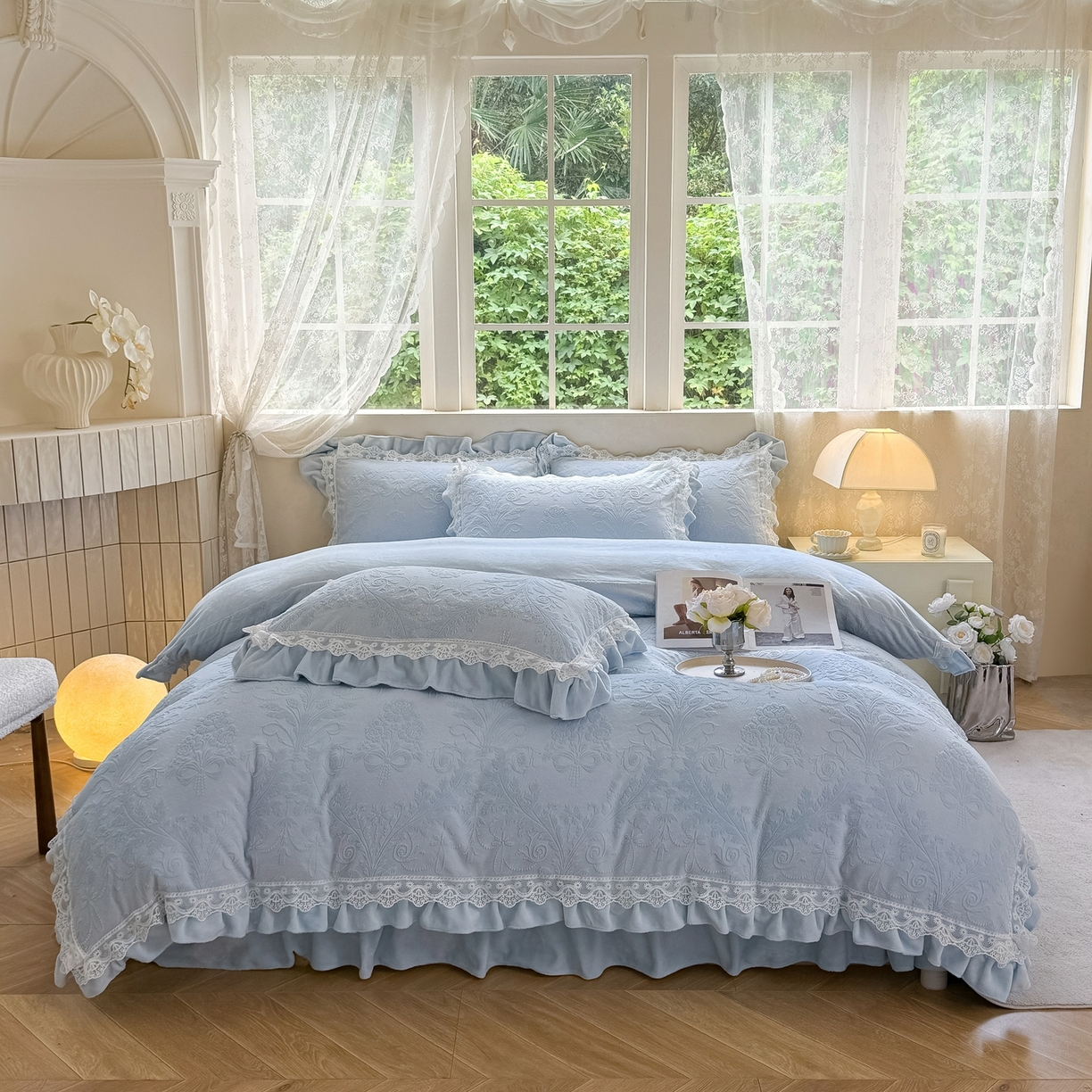 91家纺网 家纺一手货源 找家纺 久久红 2025新款高克重牛奶绒四件套系列 浅兰