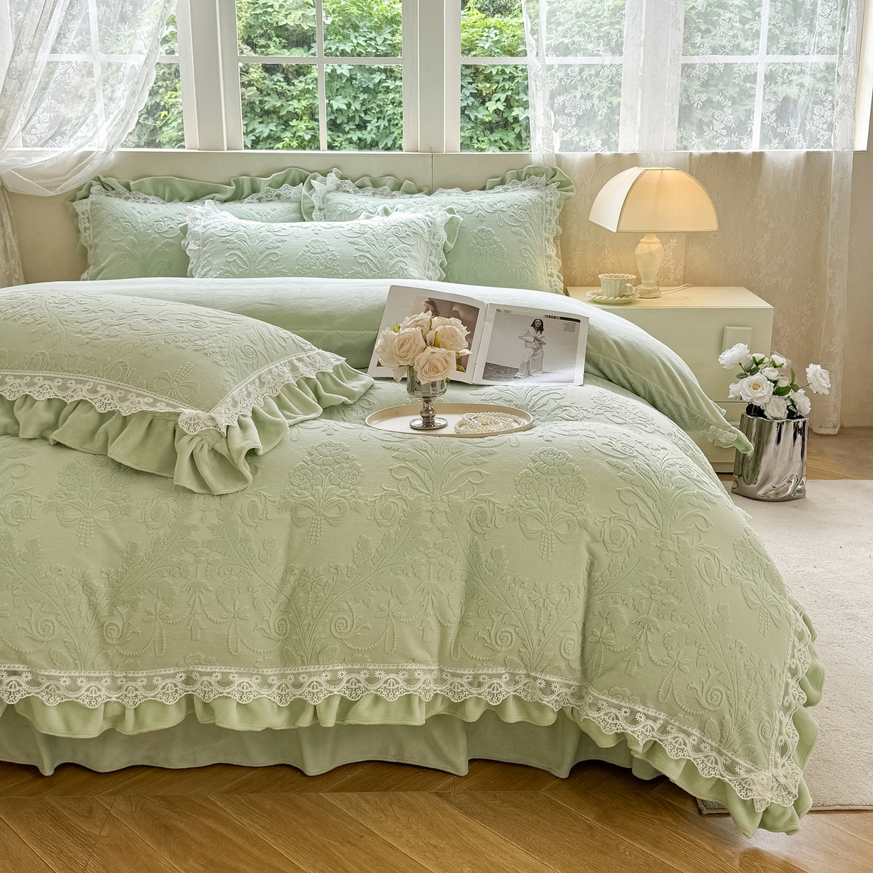 91家纺网 家纺一手货源 找家纺 久久红 2025新款高克重牛奶绒四件套系列 浅绿