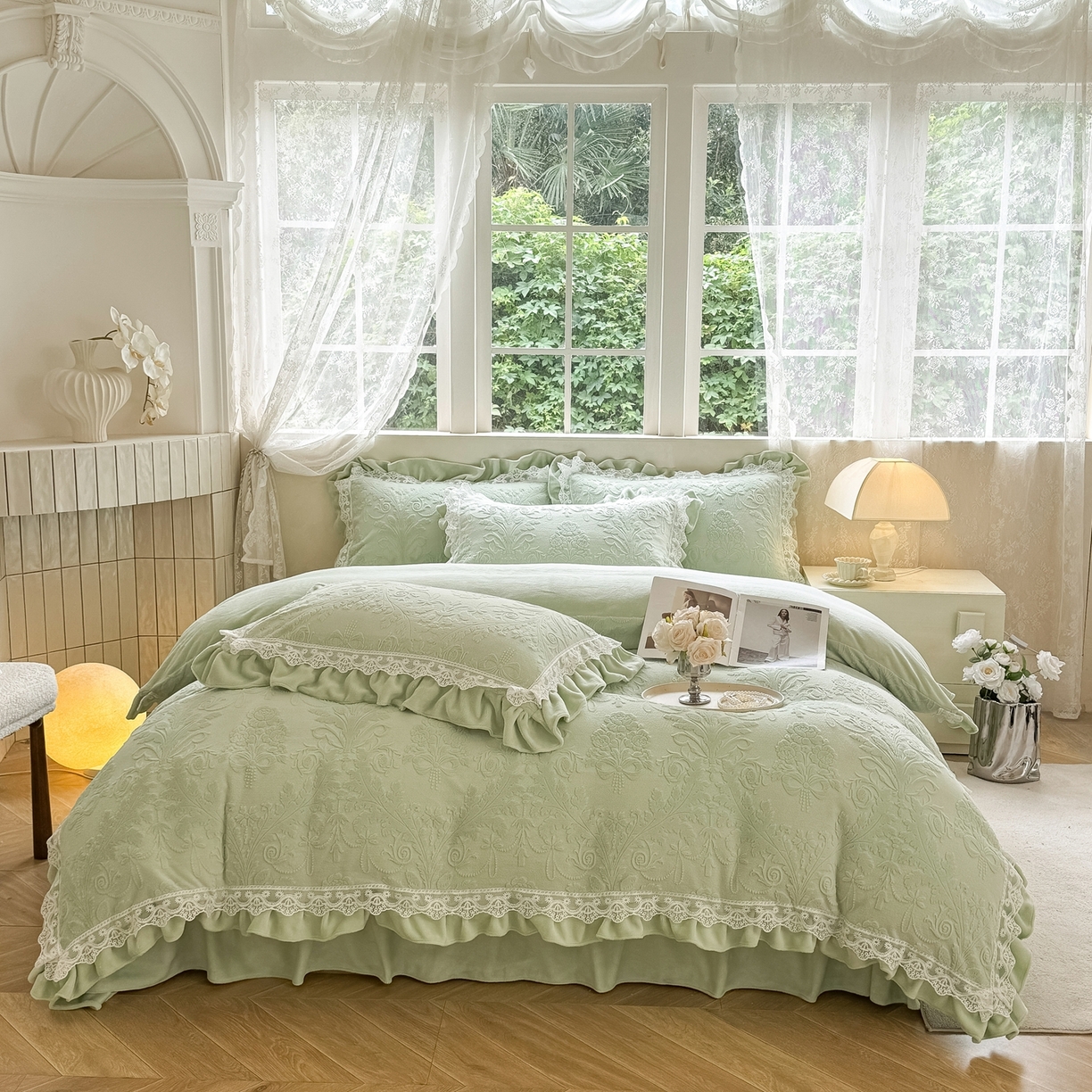 91家纺网 家纺一手货源 找家纺 久久红 2025新款高克重牛奶绒四件套系列 浅绿