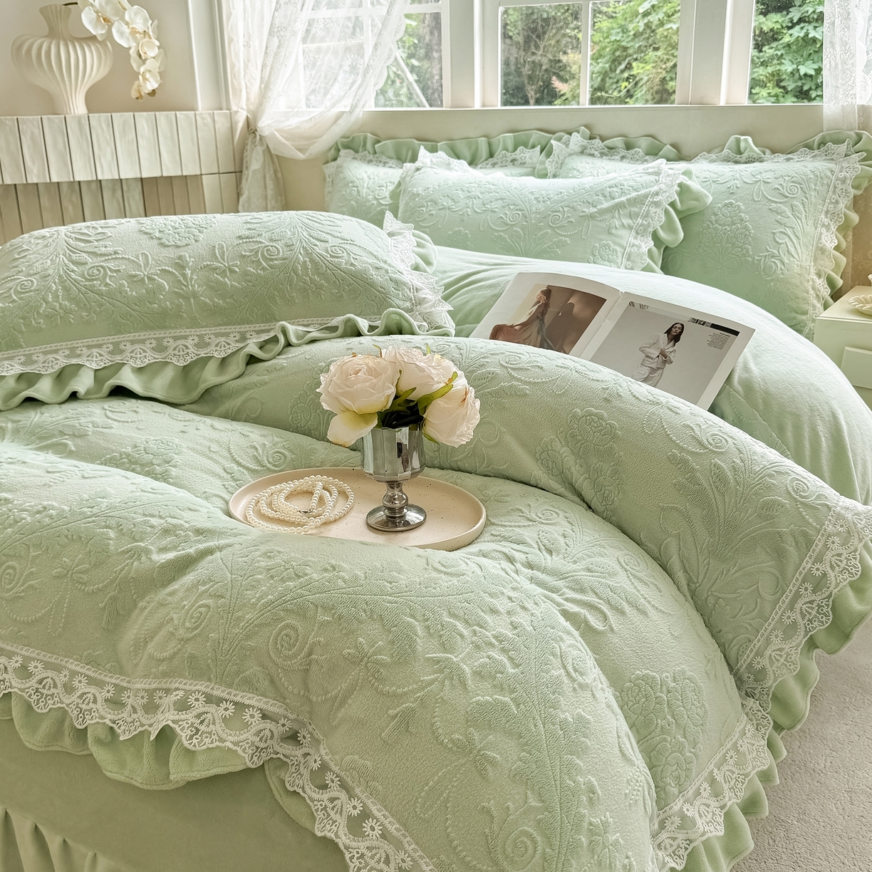 91家纺网 家纺一手货源 找家纺 久久红 2025新款高克重牛奶绒四件套系列 浅绿