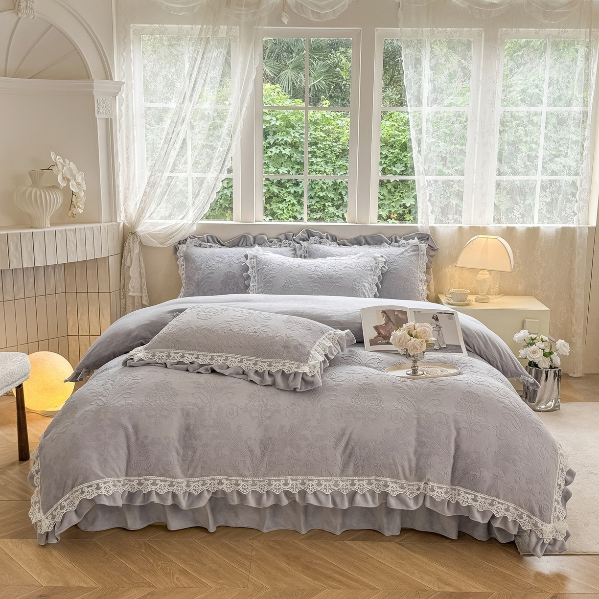 91家纺网 家纺一手货源 找家纺 久久红 2025新款高克重牛奶绒四件套系列 紫灰