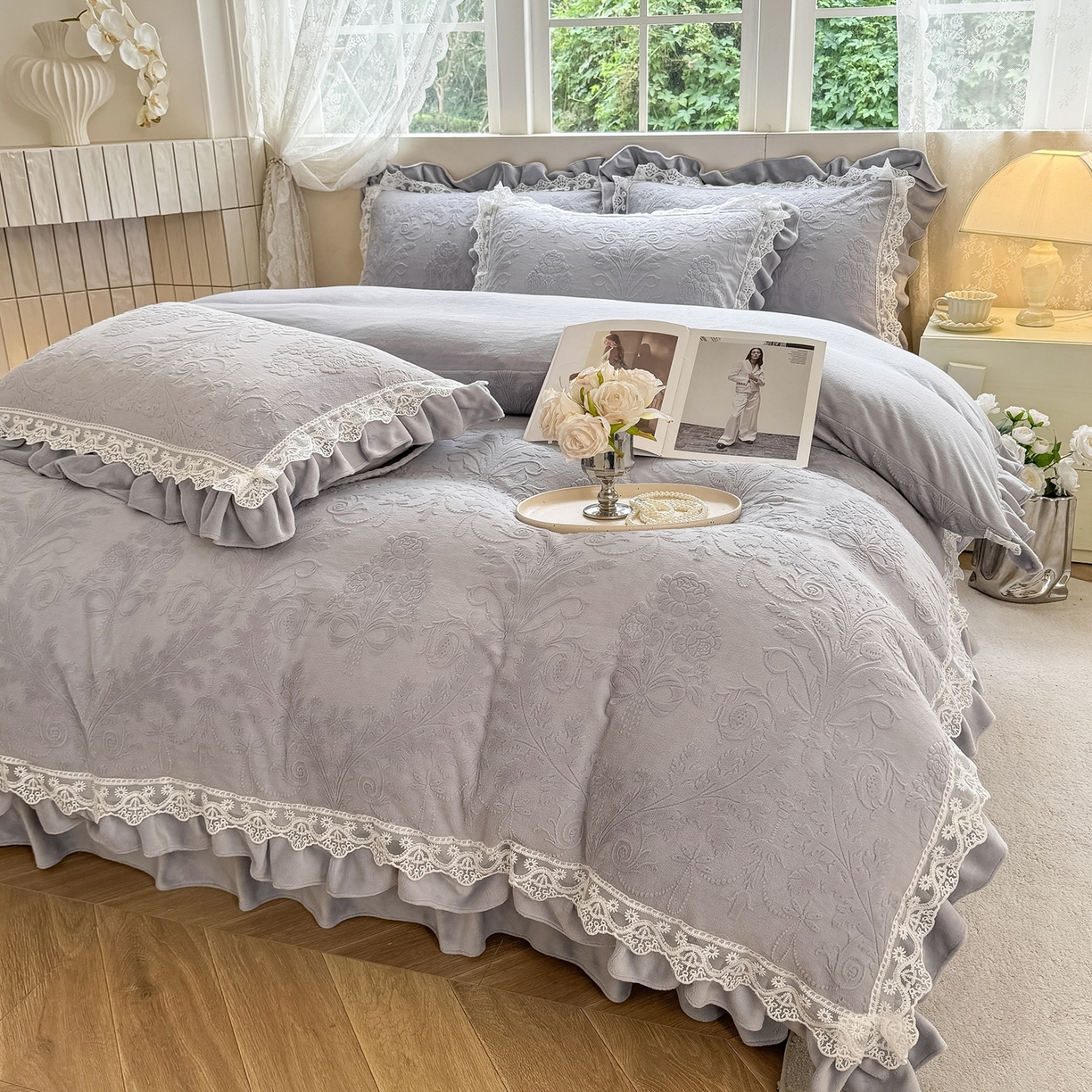 91家纺网 家纺一手货源 找家纺 久久红 2025新款高克重牛奶绒四件套系列 紫灰