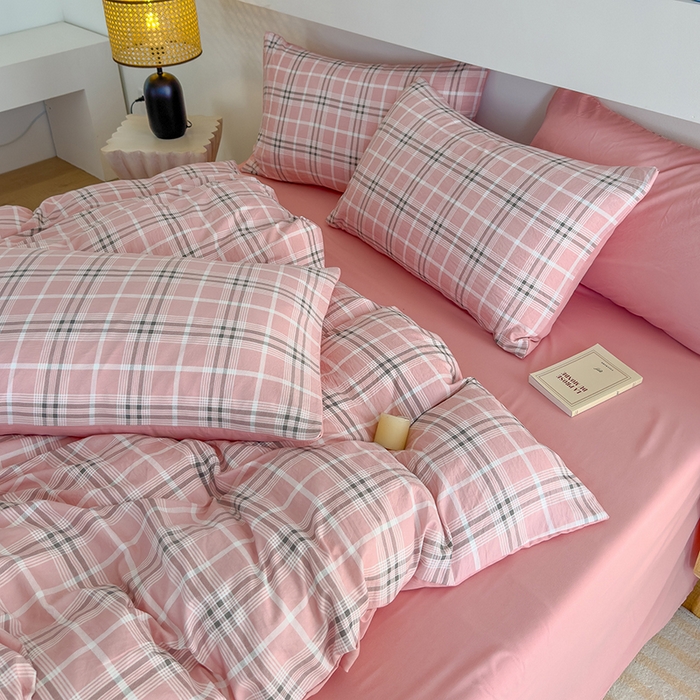 91家纺网 家纺一手货源 找家纺 桔禾家纺 2025新款无印风四件套床单床笠被套被罩纯色水洗棉学生宿舍床上三件套四件套 大粉格