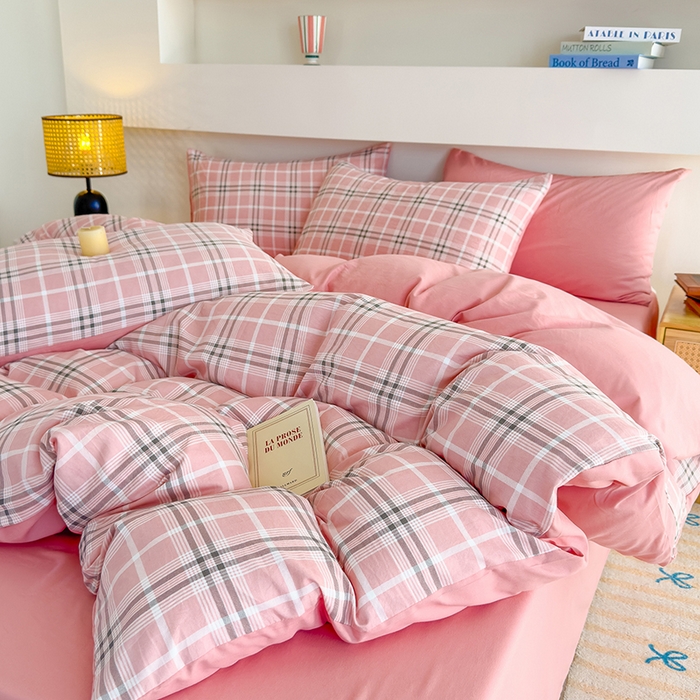 91家纺网 家纺一手货源 找家纺 桔禾家纺 2025新款无印风四件套床单床笠被套被罩纯色水洗棉学生宿舍床上三件套四件套 大粉格