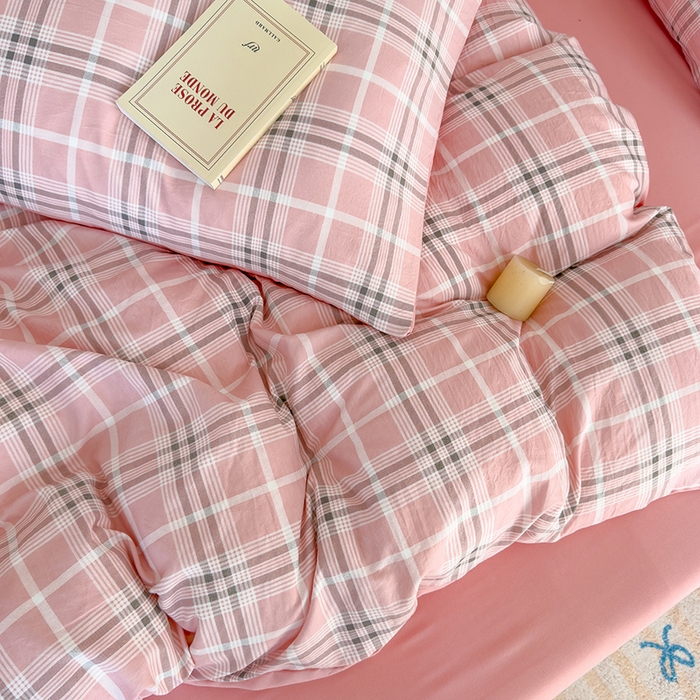 91家纺网 家纺一手货源 找家纺 桔禾家纺 2025新款无印风四件套床单床笠被套被罩纯色水洗棉学生宿舍床上三件套四件套 大粉格