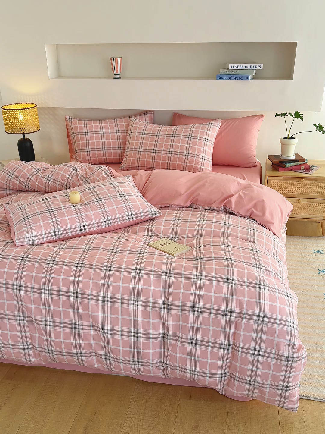 91家纺网 家纺一手货源 找家纺 桔禾家纺 2025新款无印风四件套床单床笠被套被罩纯色水洗棉学生宿舍床上三件套四件套 大粉格