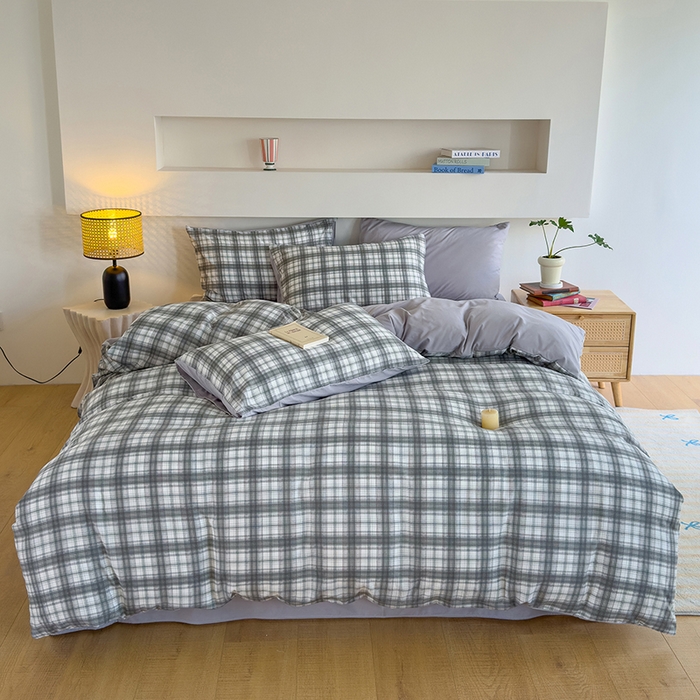 91家纺网 家纺一手货源 找家纺 桔禾家纺 2025新款无印风四件套床单床笠被套被罩纯色水洗棉学生宿舍床上三件套四件套 大灰格