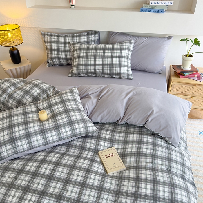 91家纺网 家纺一手货源 找家纺 桔禾家纺 2025新款无印风四件套床单床笠被套被罩纯色水洗棉学生宿舍床上三件套四件套 大灰格
