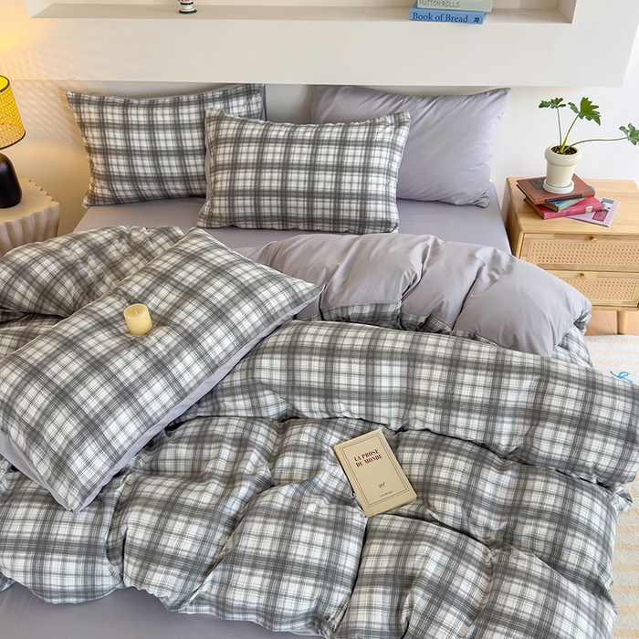 91家纺网 家纺一手货源 找家纺 桔禾家纺 2025新款无印风四件套床单床笠被套被罩纯色水洗棉学生宿舍床上三件套四件套 大灰格