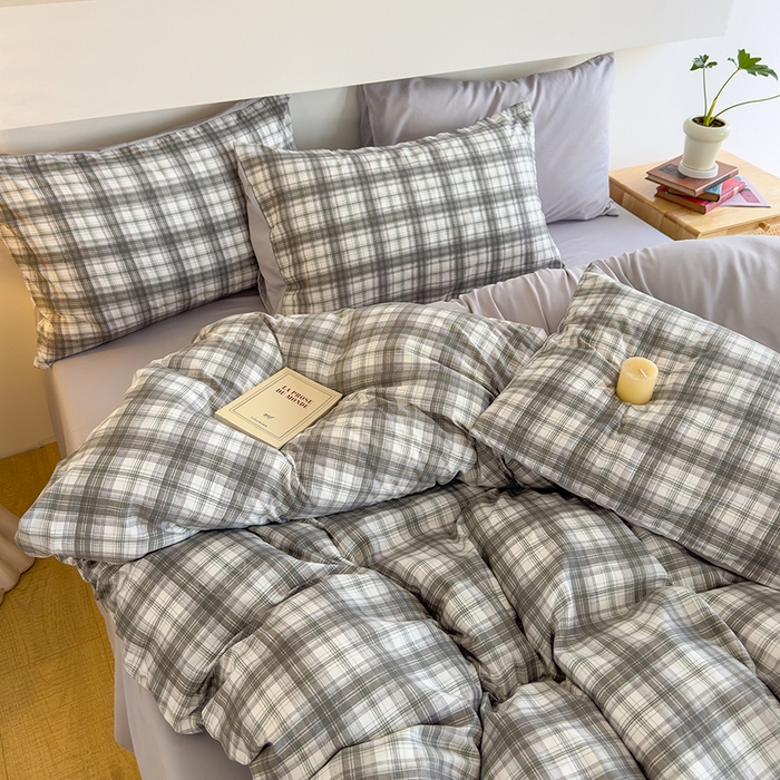 91家纺网 家纺一手货源 找家纺 桔禾家纺 2025新款无印风四件套床单床笠被套被罩纯色水洗棉学生宿舍床上三件套四件套 大灰格