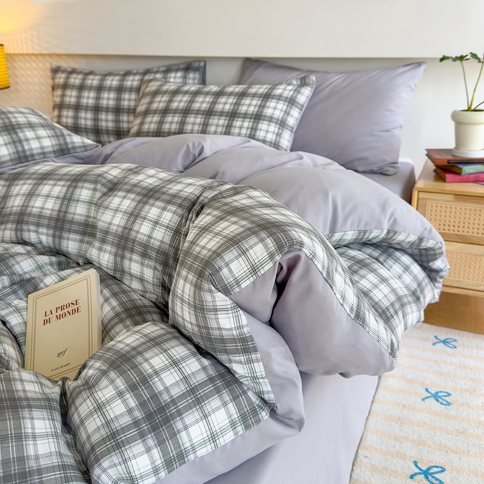 91家纺网 家纺一手货源 找家纺 桔禾家纺 2025新款无印风四件套床单床笠被套被罩纯色水洗棉学生宿舍床上三件套四件套 大灰格