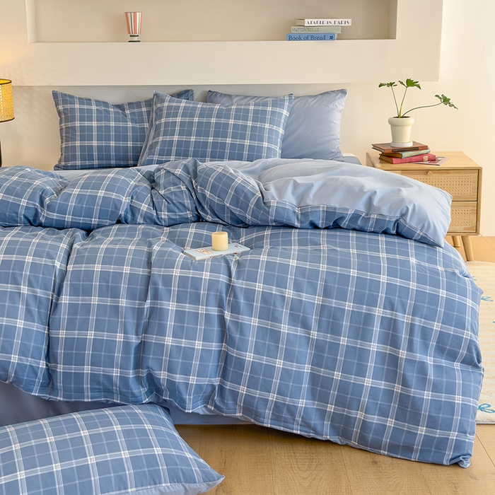 91家纺网 家纺一手货源 找家纺 桔禾家纺 2025新款无印风四件套床单床笠被套被罩纯色水洗棉学生宿舍床上三件套四件套 大蓝格