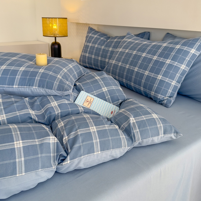 91家纺网 家纺一手货源 找家纺 桔禾家纺 2025新款无印风四件套床单床笠被套被罩纯色水洗棉学生宿舍床上三件套四件套 大蓝格