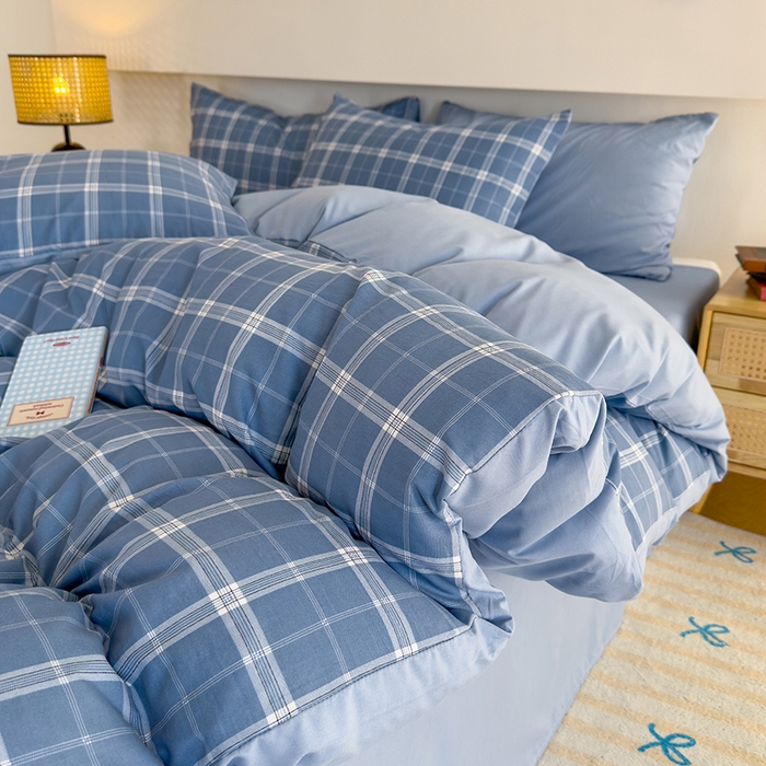 91家纺网 家纺一手货源 找家纺 桔禾家纺 2025新款无印风四件套床单床笠被套被罩纯色水洗棉学生宿舍床上三件套四件套 大蓝格