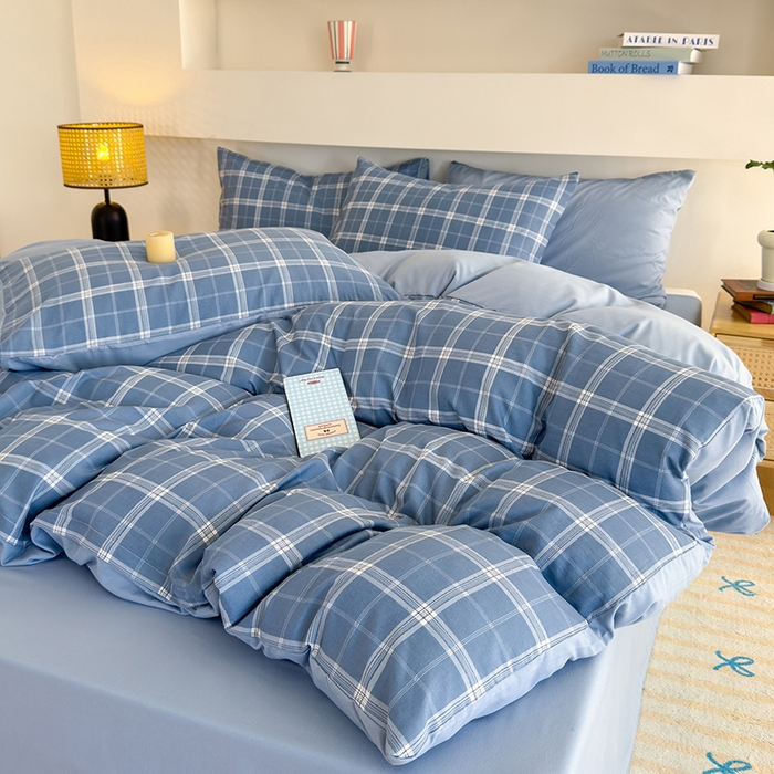 91家纺网 家纺一手货源 找家纺 桔禾家纺 2025新款无印风四件套床单床笠被套被罩纯色水洗棉学生宿舍床上三件套四件套 大蓝格