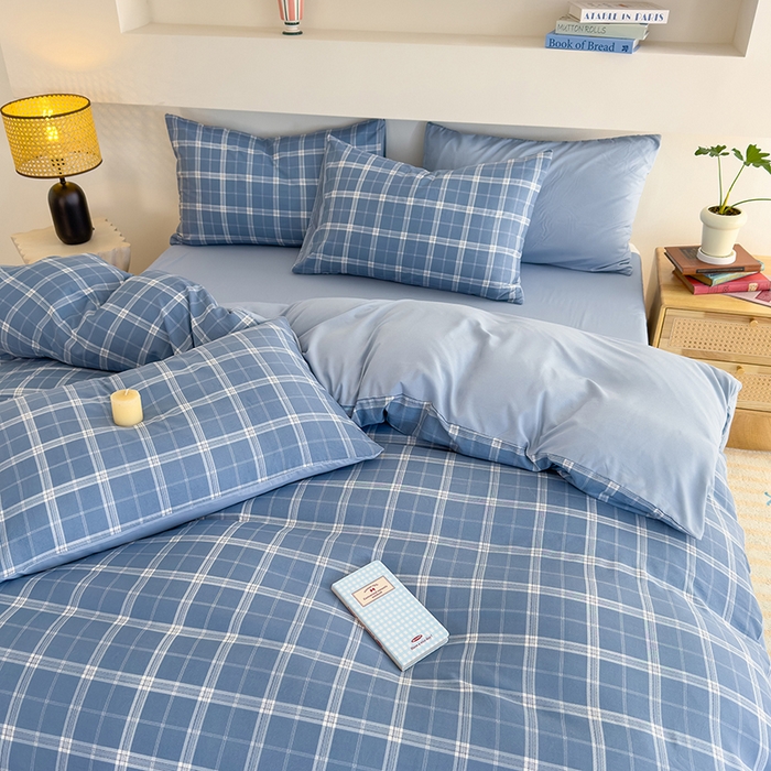 91家纺网 家纺一手货源 找家纺 桔禾家纺 2025新款无印风四件套床单床笠被套被罩纯色水洗棉学生宿舍床上三件套四件套 大蓝格