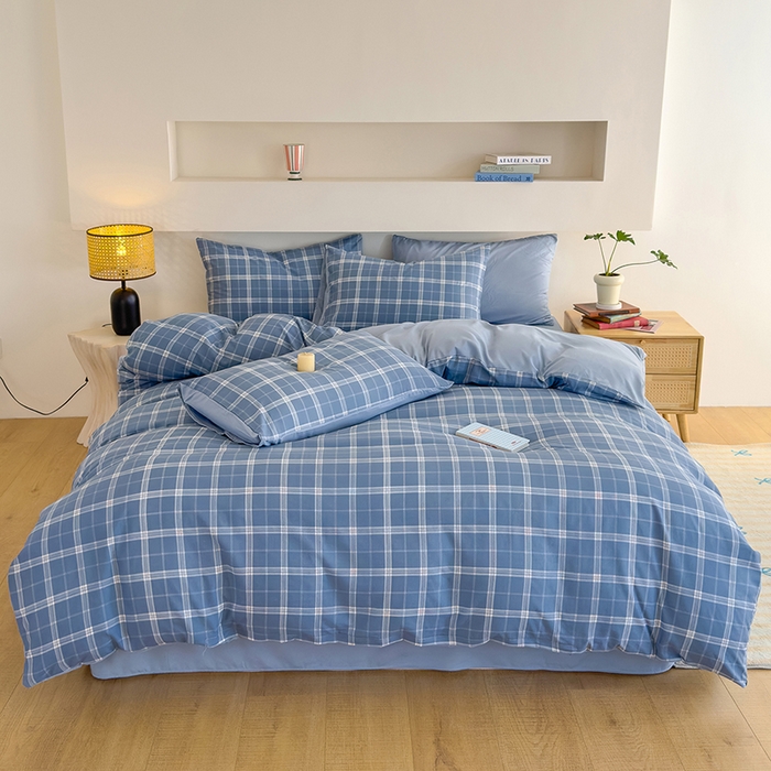 91家纺网 家纺一手货源 找家纺 桔禾家纺 2025新款无印风四件套床单床笠被套被罩纯色水洗棉学生宿舍床上三件套四件套 大蓝格