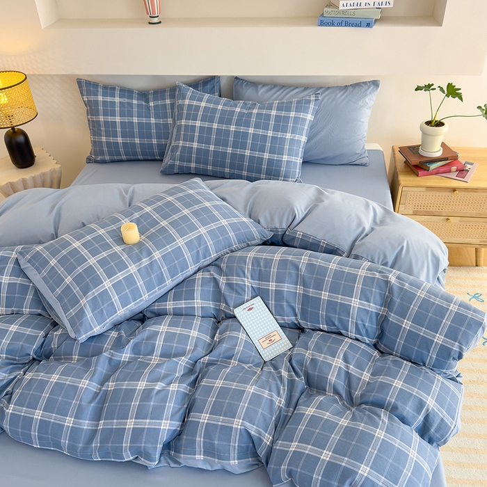 91家纺网 家纺一手货源 找家纺 桔禾家纺 2025新款无印风四件套床单床笠被套被罩纯色水洗棉学生宿舍床上三件套四件套 大蓝格