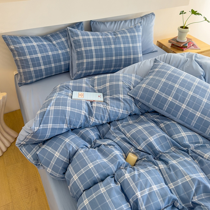 91家纺网 家纺一手货源 找家纺 桔禾家纺 2025新款无印风四件套床单床笠被套被罩纯色水洗棉学生宿舍床上三件套四件套 大蓝格