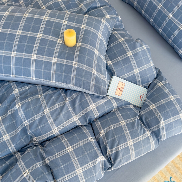 91家纺网 家纺一手货源 找家纺 桔禾家纺 2025新款无印风四件套床单床笠被套被罩纯色水洗棉学生宿舍床上三件套四件套 大蓝格