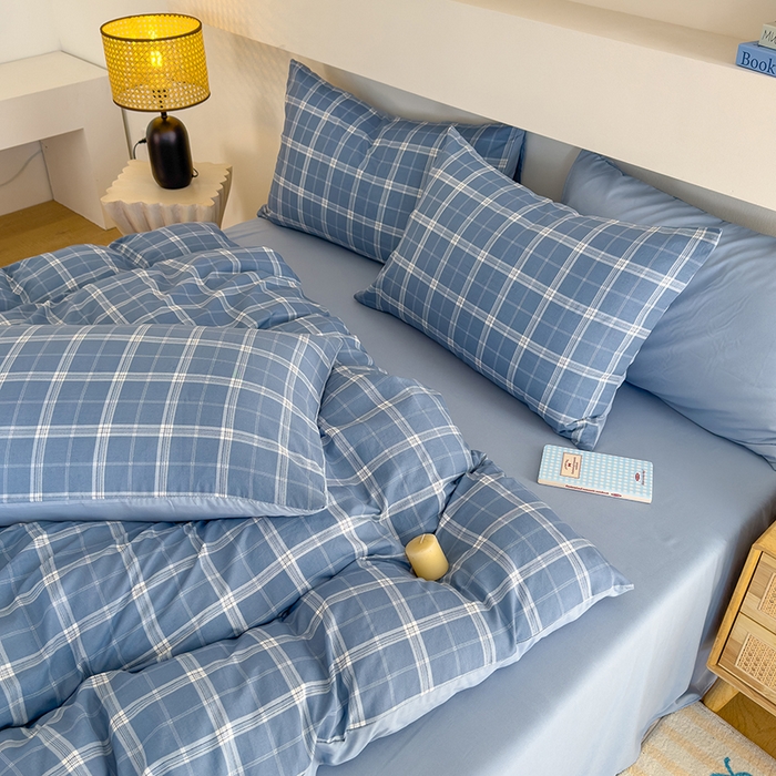 91家纺网 家纺一手货源 找家纺 桔禾家纺 2025新款无印风四件套床单床笠被套被罩纯色水洗棉学生宿舍床上三件套四件套 大蓝格