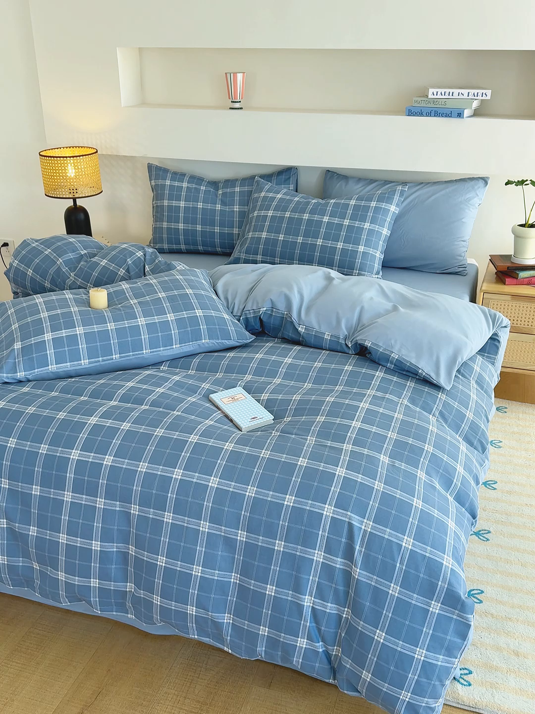 91家纺网 家纺一手货源 找家纺 桔禾家纺 2025新款无印风四件套床单床笠被套被罩纯色水洗棉学生宿舍床上三件套四件套 大蓝格