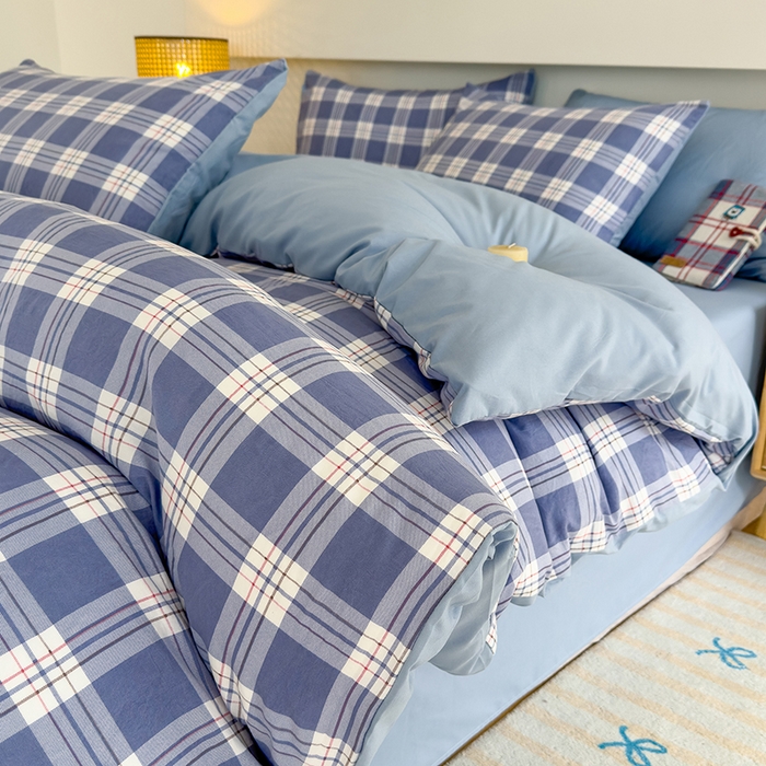 桔禾家纺 2025新款无印风四件套床单床笠被套被罩纯色水洗棉学生宿舍床上三件套四件套 大紫格