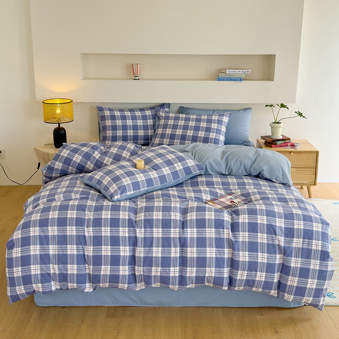 91家纺网 家纺一手货源 找家纺 桔禾家纺 2025新款无印风四件套床单床笠被套被罩纯色水洗棉学生宿舍床上三件套四件套 大紫格