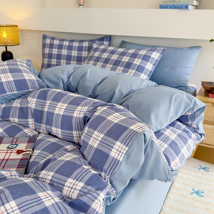 91家纺网 家纺一手货源 找家纺 桔禾家纺 2025新款无印风四件套床单床笠被套被罩纯色水洗棉学生宿舍床上三件套四件套 大紫格