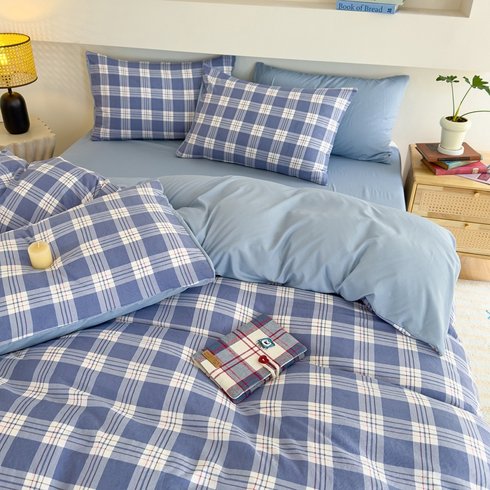 91家纺网 家纺一手货源 找家纺 桔禾家纺 2025新款无印风四件套床单床笠被套被罩纯色水洗棉学生宿舍床上三件套四件套 大紫格