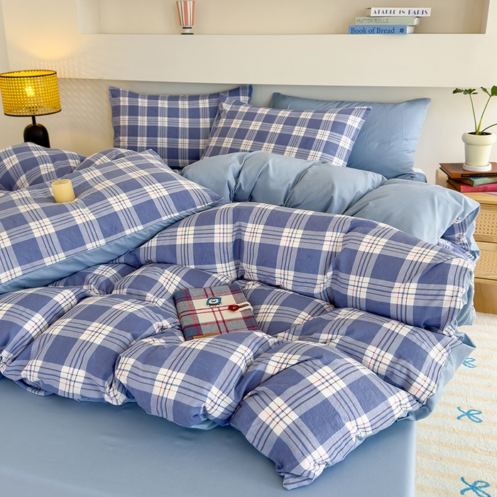 91家纺网 家纺一手货源 找家纺 桔禾家纺 2025新款无印风四件套床单床笠被套被罩纯色水洗棉学生宿舍床上三件套四件套 大紫格