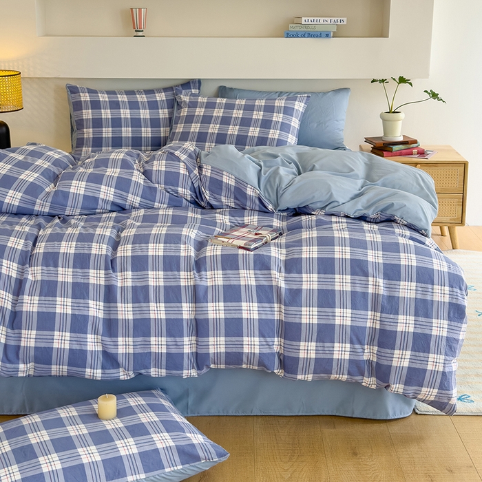 91家纺网 家纺一手货源 找家纺 桔禾家纺 2025新款无印风四件套床单床笠被套被罩纯色水洗棉学生宿舍床上三件套四件套 大紫格