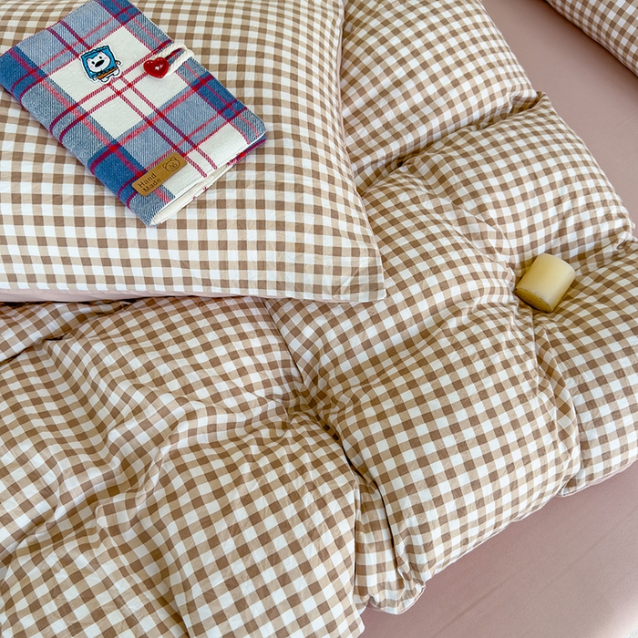 91家纺网 家纺一手货源 找家纺 桔禾家纺 2025新款无印风四件套床单床笠被套被罩纯色水洗棉学生宿舍床上三件套四件套 黄粉格